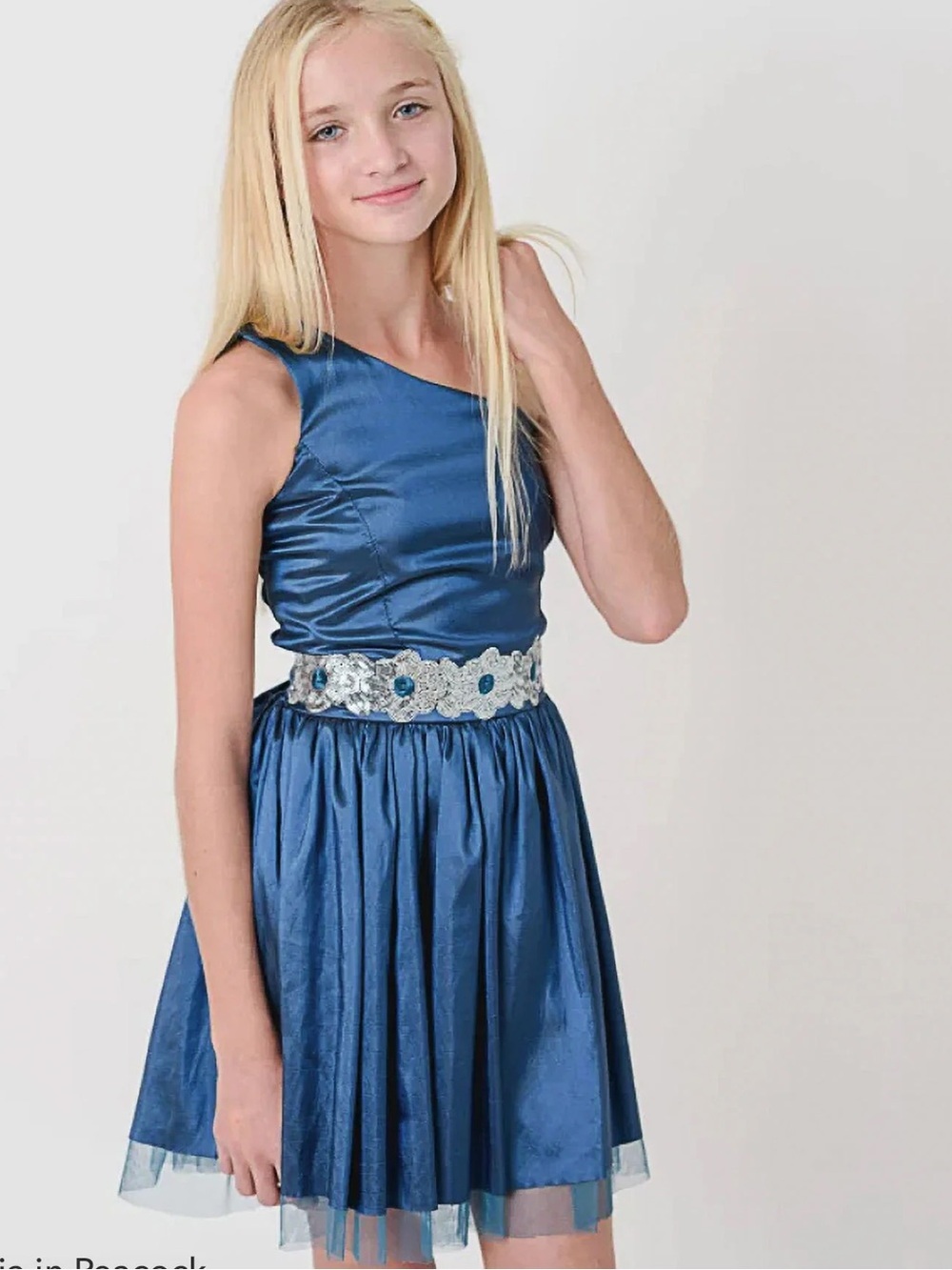 Girls' One-Shoulder Blue Formal Dress with Embellished Waist 10-14